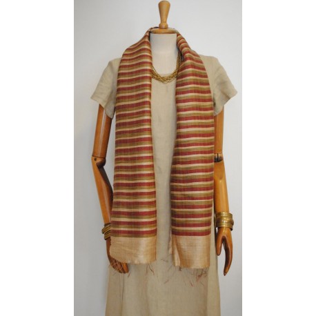 Gold & Red striped 100% raw Silk Scarf - Shawl - Pashmina
