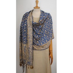 Double face Shawl Pashmina - Blue & Gold wool & Silk 