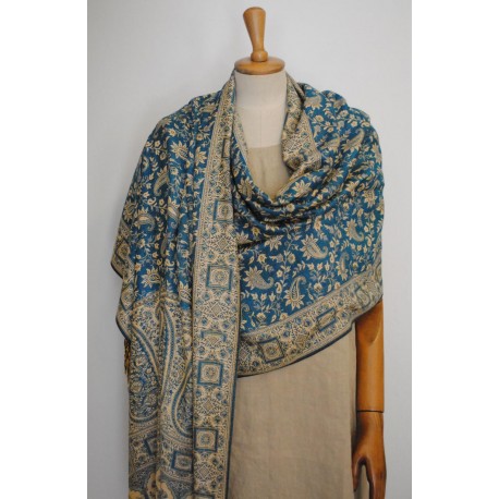 Double face Shawl Pashmina - Light blue & Gold wool & Silk 